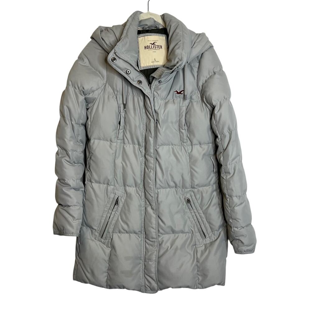 Hollister Puffer Coat Gray Hooded Down Jacket L (Juniors) Lightweight Warm